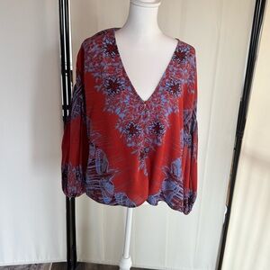Elegant Red and Blue Floral Free People Women's Top